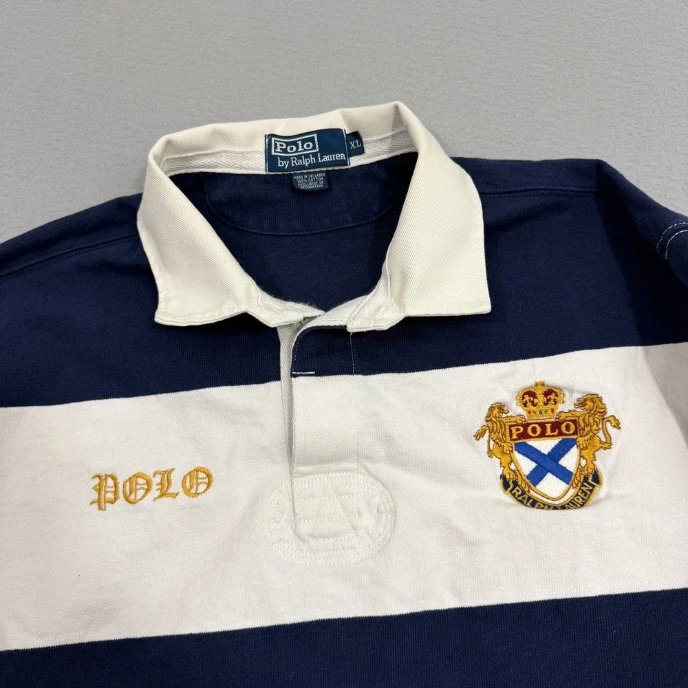 Vintage Polo Ralph Lauren Rugby Shirt XL Blue White Striped Crest Embroidered